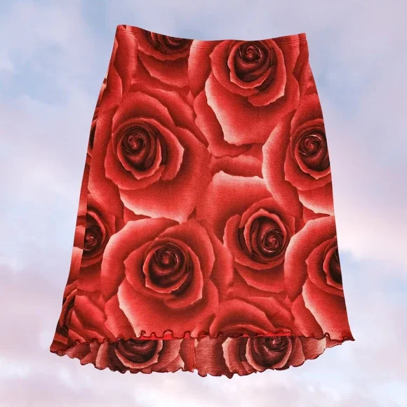 Vtg 90 Y2k Red Black Rose AOP Flower Floral Mod Retro Midi Preppy Hi Low Skirt M - Picture 1 of 4